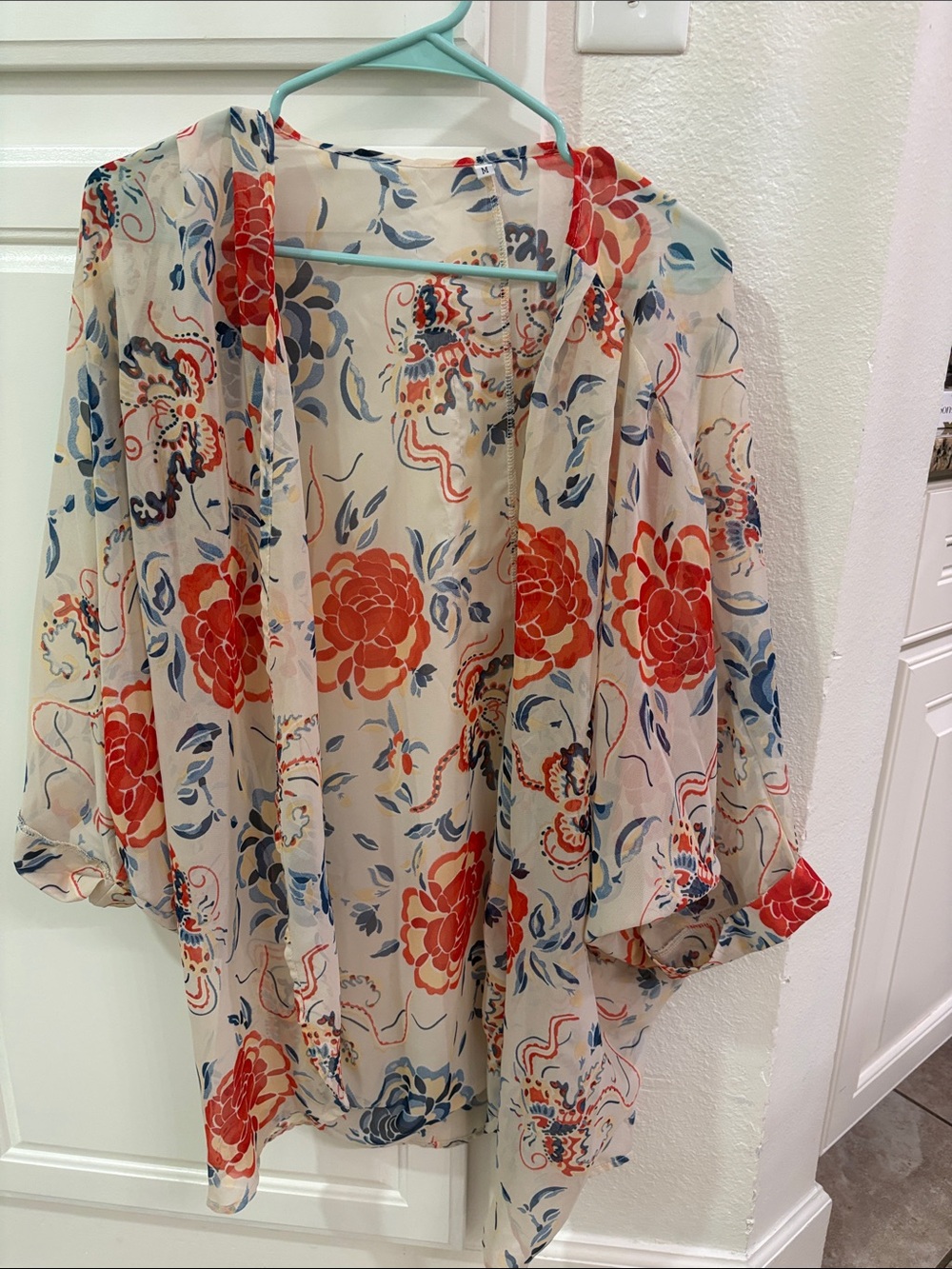 Floral Sheer Kimono in Cream, Red & Blue